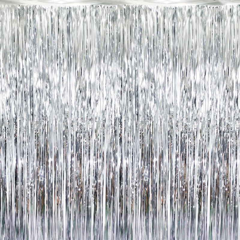 GOER 3.2 ft x 8.2 ft Metallic Tinsel Foil Fringe Curtains Party Photo Backdrop Party Streamers for Birthday,Graduation,New Year Eve Decorations Wedding Decor (Silver,5 pcs) - Image 1